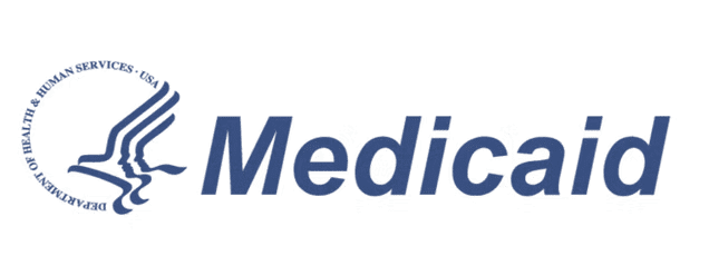 A blue and white medical logo with a stylized cross and text.