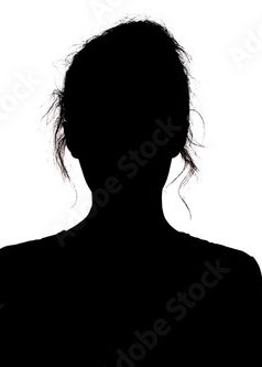 Silhouette of a person's head and shoulders with hair tied back.
